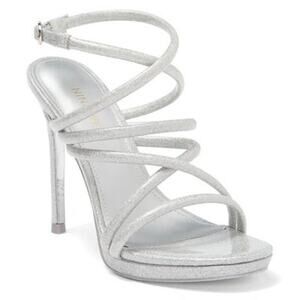Nine West Women’s Loomay Silver Glitter Sparkle Strappy Open Toe Stiletto Size 9